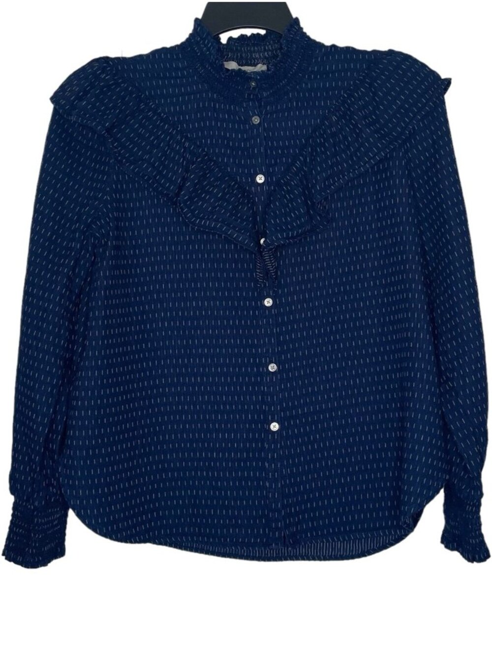 LOFT Womens Blouse Size Small Mock Neck Ruffle Long Sleeve Elastic Cuffs Blue